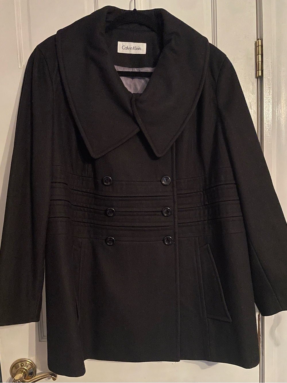 Calvin Klein Black Wool Blend Double Breasted Peacoat w Portrait Collar 1X/18W